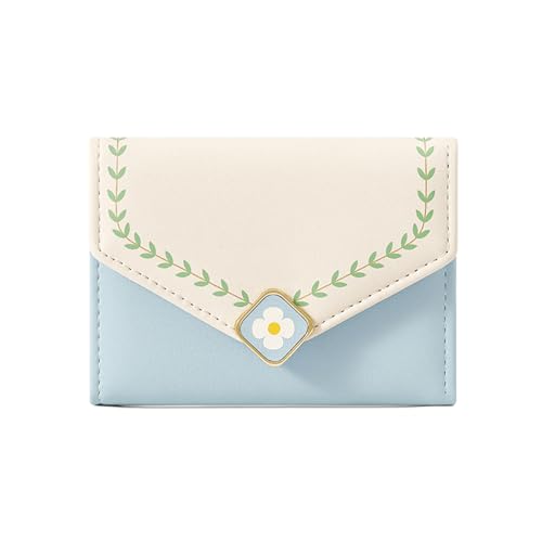 MOZXIRZ Frauen Mädchen Geldbörse Niedliche Blume Tri-Fold Brieftasche PU Leder Geldbörse Slim Kurze Brieftasche Kleine Trifold Bargeld Kartenhalter Tasche, Neu-Blau, Kleine süße Geldbörse von MOZXIRZ