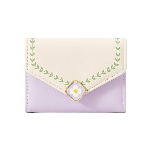 MOZXIRZ Frauen Mädchen Geldbörse Niedliche Blume Tri-Fold Brieftasche PU Leder Geldbörse Slim Kurze Brieftasche Kleine Trifold Bargeld Kartenhalter Tasche, Neu-Purple, Kleine süße Geldbörse von MOZXIRZ