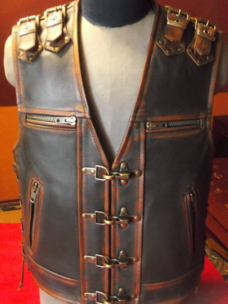 Bikerweste.echtes Leder - 1, 6 Mm, Braun.leder Mit Abriebspuren.handmade von MPBikerTailor