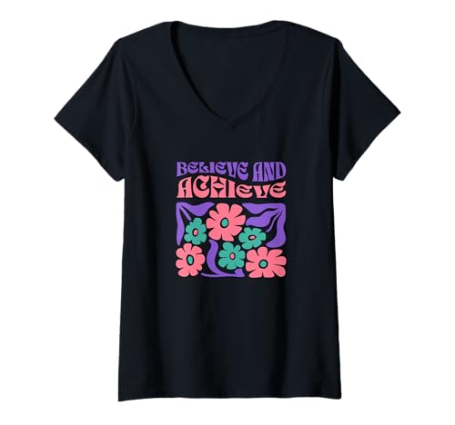 Damen Glaube und erreiche Retro-Blumenmotivation und Inspiration T-Shirt mit V-Ausschnitt Damen Glaube und erreiche Retro-Blumenmotivation und Inspiration T-Shirt mit V-Ausschnitt von MPL Believe and Achieve Women Flower Tees