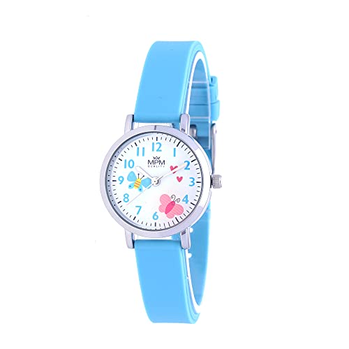 MPM Butterfly Love – A - Armbanduhr Kinderuhr, Zifferblatt in Weiß/Hellblau, Hellblaues Uhrenarmband aus Silikon, Metallgehäuse, Uhrendeckel aus Edelstahl, 5 ATM Wasserdicht von MPM Quality