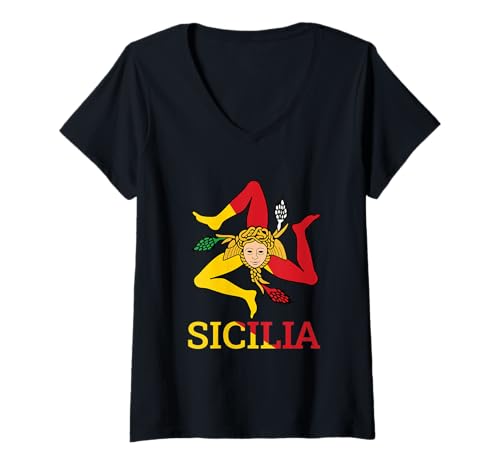 Damen Sizilien, Sizilien Trinacria T-Shirt mit V-Ausschnitt von MPSX Design - Sicilia
