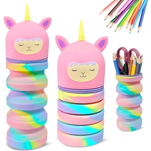 MPXEAVG 2 in 1 Weiche Silikontasche Kawaii Federmäppchen, Stiftetasche Buntstifte Marker, Cartoon Federmäppchen, Stand Up Federmäppchen, Niedliche Schulbedarf, Klappeimer (Einhorn Rosa) von MPXEAVG
