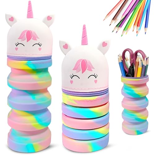 MPXEAVG 2 in 1 Weiche Silikontasche Kawaii Federmäppchen, Stiftetasche Buntstifte Marker, Cartoon Federmäppchen, Stand Up Federmäppchen, Niedliche Schulbedarf, Klappeimer (Einhorn Weiß) von MPXEAVG