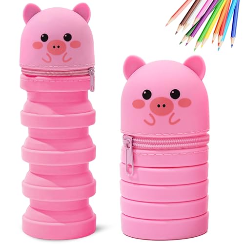 MPXEAVG 2 in 1 Weiche Silikontasche Kawaii Federmäppchen, Stiftetasche Buntstifte Marker, Cartoon Federmäppchen, Stand Up Federmäppchen, Niedliche Schulbedarf, Klappeimer (Rosa Schwein) von MPXEAVG