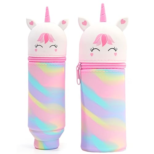 MPXEAVG 2 in 1 Weiche Silikontasche Kawaii Federmäppchen, Stiftetasche Buntstifte Marker, Cartoon Federmäppchen, Niedliche Schulbedarf Mädchen Junge, Gerade (Einhorn Weiß) von MPXEAVG