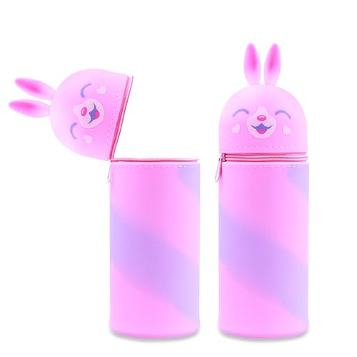 MPXEAVG 2 in 1 Weiche Silikontasche Kawaii Federmäppchen, Stiftetasche Buntstifte Marker, Stand Up Federmäppchen, Niedliche Schulbedarf Mädchen Junge (Farbiger Hase) von MPXEAVG
