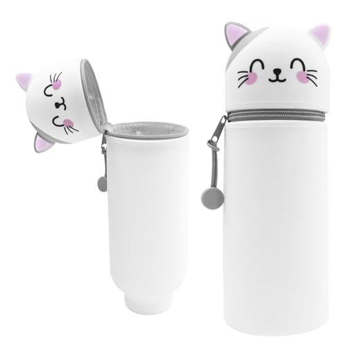 MPXEAVG 2 in 1 Weiche Silikontasche Kawaii Federmäppchen, Stiftetasche Buntstifte Marker, Stand Up Federmäppchen, Niedliche Schulbedarf Mädchen Junge (Graue Katze) von MPXEAVG