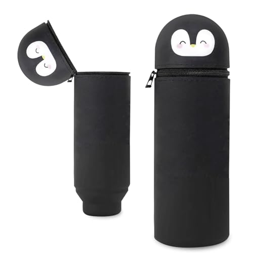 MPXEAVG 2 in 1 Weiche Silikontasche Kawaii Federmäppchen, Stiftetasche Buntstifte Marker, Stand Up Federmäppchen, Niedliche Schulbedarf Mädchen Junge (Pinguin) von MPXEAVG