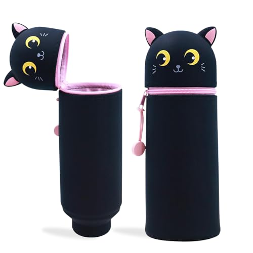 MPXEAVG 2 in 1 Weiche Silikontasche Kawaii Federmäppchen, Stiftetasche Buntstifte Marker, Stand Up Federmäppchen, Niedliche Schulbedarf Mädchen Junge (Schwarze Katze) von MPXEAVG