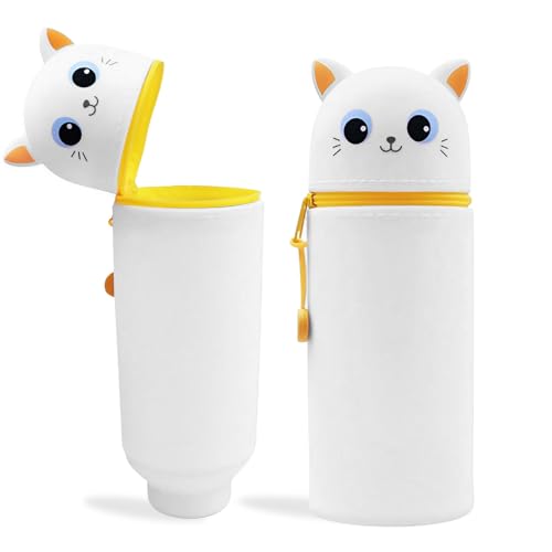 MPXEAVG 2 in 1 Weiche Silikontasche Kawaii Federmäppchen, Stiftetasche Buntstifte Marker, Stand Up Federmäppchen, Niedliche Schulbedarf Mädchen Junge (weiße Katze) von MPXEAVG