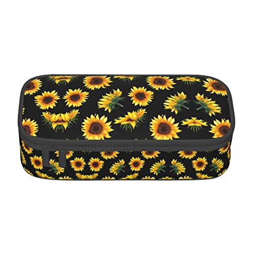 MQGMZ Federmäppchen mit Sonnenblumen- und Blumenpflanzen-Motiv, schwarz-gelber Druck, Unisex, Reißverschluss, großes Fassungsvermögen, mit Bürobedarf, 21,6 x 9,4 x 5,1 cm von MQGMZ