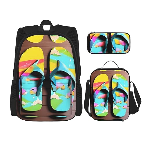 MQGMZ Flops Hausschuhe, Kunst-Sandalen-Druck, Reiserucksack, 3-teiliges Set, leicht, wasserabweisend, Büchertasche, Lunch-Tasche, Federmäppchen von MQGMZ