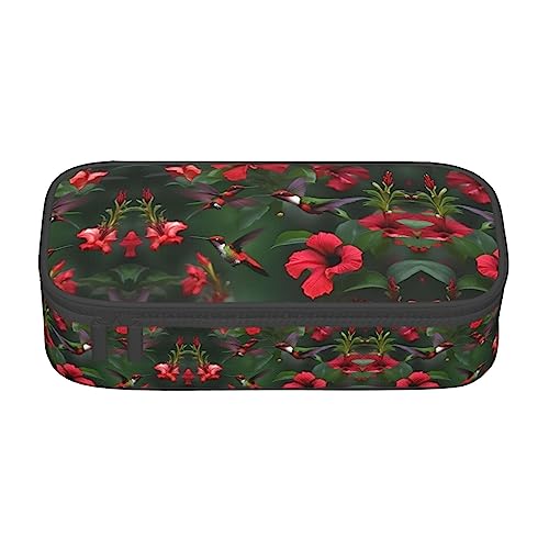 MQGMZ Kolibris Rote Blume Hibiskus Druck Reißverschluss Große Kapazität Bürobedarf Bleistift Fall Unisex für Organizer Stift Box Beutel von MQGMZ