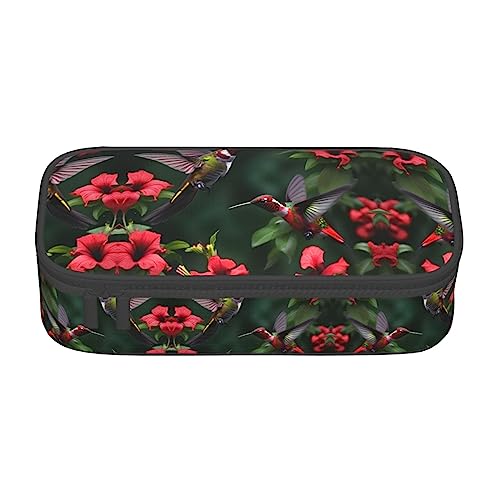 MQGMZ Kolibris Rote Blumen Hibiskus Druck Reißverschluss Große Kapazität Bürobedarf Federmäppchen Unisex für Organizer Stift Box Beutel von MQGMZ