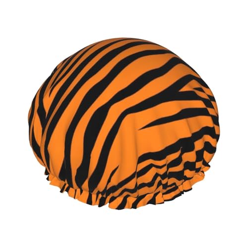 MQGMZ Leichte Duschhaube für Damen, doppellagig, wasserdicht, auffällig, orangefarbener Tiger-Leoparden-Druck von MQGMZ