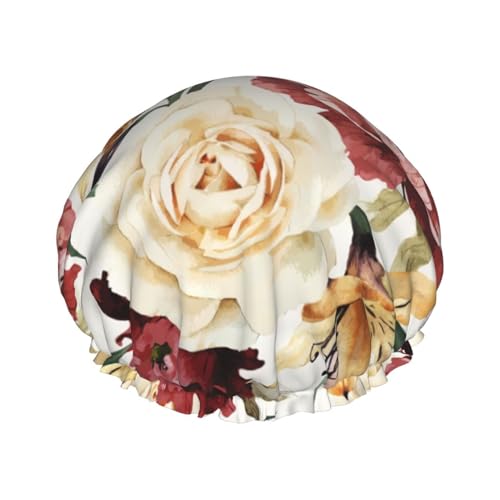 MQGMZ Leichte Duschhaube für Damen, doppellagig, wasserdicht, auffällig, rosa Blumen- und Rosenmuster von MQGMZ