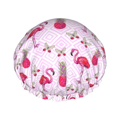 MQGMZ Leichte Duschhaube für Damen, doppellagig, wasserdicht, auffällig, rosa Flamingo-Ananas-Druck von MQGMZ