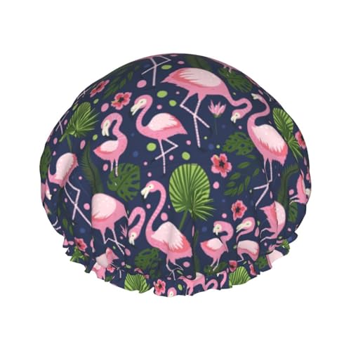 MQGMZ Leichte Duschhaube für Damen, doppellagig, wasserdicht, auffällig, rosa Flamingo- und Blättermuster von MQGMZ