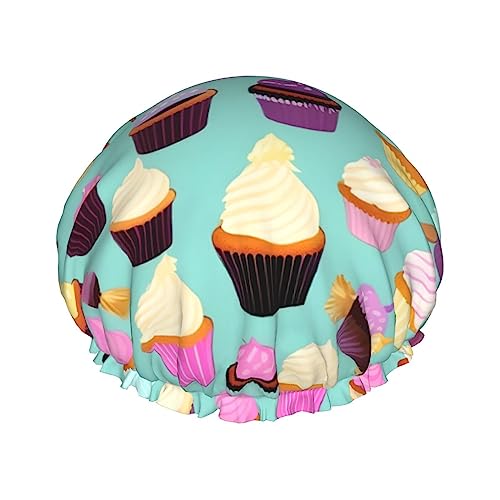 MQGMZ Leichte Duschhaube für Damen, doppelte wasserdichte Schichten, Badehut, auffälliges Cupcake-Muster von MQGMZ