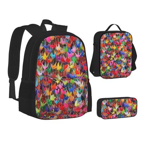 MQGMZ Origami Papier Kraniche Druck Rucksack 3 In 1 Set Reise Wandern Leichte Laptop Bleistift Fall Isolierte Mittagessen Tasche von MQGMZ