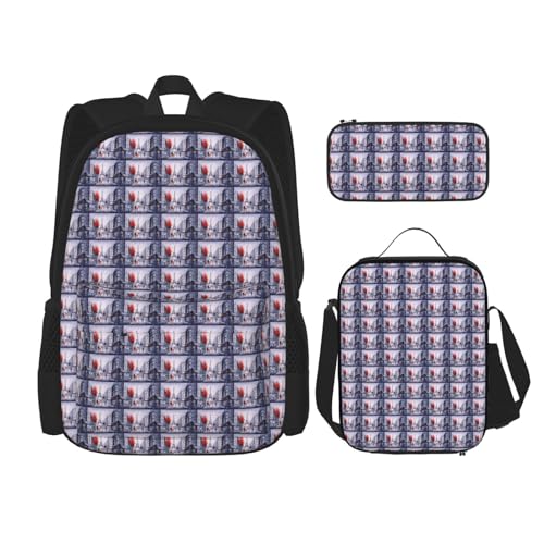 MQGMZ Reiserucksack, Motiv: Paris Stadt, Baum, Eiffelturm, Kunstdruck, 3-teiliges Set, leicht, wasserabweisend, Büchertasche, Lunch-Tasche, Federmäppchen von MQGMZ