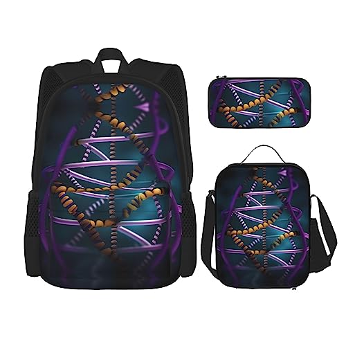 MQGMZ Reiserucksack mit DNA-Kette, Fotodruck, 3-teiliges Set, leicht, wasserabweisend, Büchertasche, Lunch-Tasche, Federmäppchen von MQGMZ