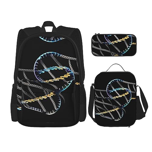 MQGMZ Reiserucksack mit DNA-Kette, Fotodruck, 3-teiliges Set, leicht, wasserabweisend, Büchertasche, Lunch-Tasche, Federmäppchen von MQGMZ