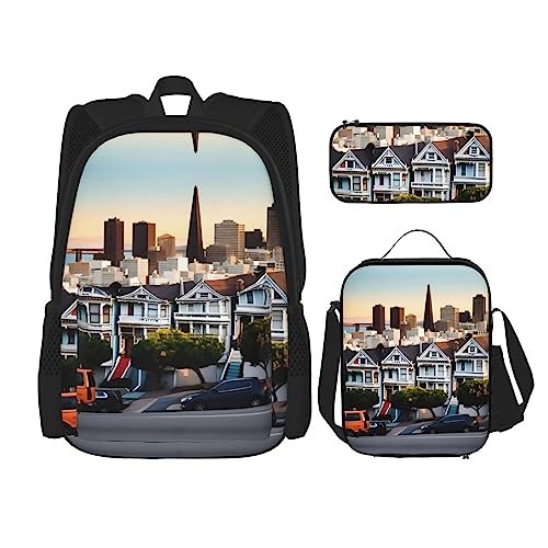 MQGMZ Santorini Reiserucksack, griechische Insel, Meerblick, 3-teiliges Set, leicht, wasserabweisend, Büchertasche, mit Lunch-Tasche, Federmäppchen, San Francisco, Einheitsgröße von MQGMZ