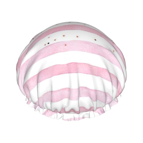MQGMZ Weiche Duschhaube für Frauen mit langem Haar, doppelt wasserdicht, verziert mit eleganten, rosa gestreiften Hintergrunddrucken. von MQGMZ