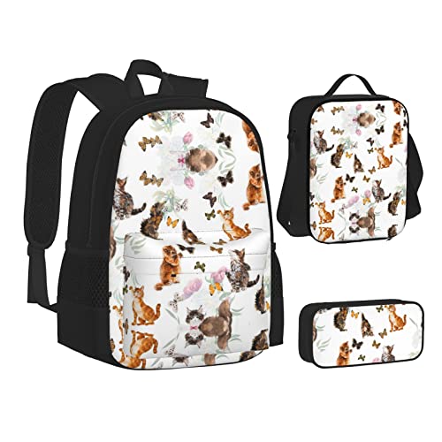 Rosen-Blumen-Rucksack für Herren, 3-teiliges Set, Büchertasche, 3-in-1, Lunchbox und Federmäppchen, verstellbare 43,2 cm Rucksäcke, Katzenschmetterling, EinheitsgröÃŸe von MQGMZ