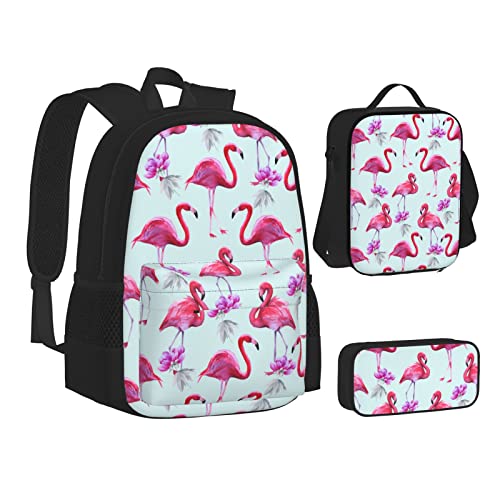 Tropische Blätter-Rucksack für Herren, 3-teiliges Set, Büchertasche, 3-in-1, Lunchbox und Federtasche, verstellbare 43,2 cm Rucksäcke, Pinke Flamingos, EinheitsgröÃŸe von MQGMZ