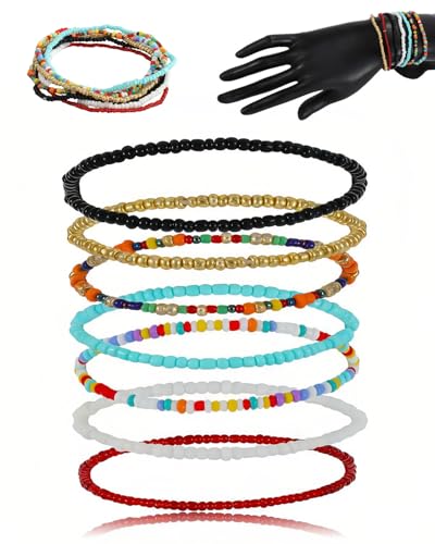 MQLSAERI 7 Stück Damen Fußkettchen, Boho Fusskette Verstellbares Handgemachte Bunte Perlen Geschichtetes Wasserfestes Elastische Fußschmuck Set für Frauen Mädchen von MQLSAERI