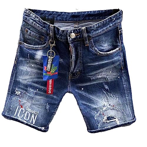 MQMYJSP Herren-Denim-Shorts,Loch-Patch,gebrochene Tintenfarbe,schmal,leicht elastisch,Blaue Jeans mit Buchstaben Style10 36 von MQMYJSP