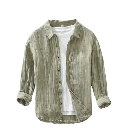MQMYJSP Herren Leinen Langarm Vintage Zerknittert Casual Verdeckte Knopf Trendy Hemd Khaki L von MQMYJSP