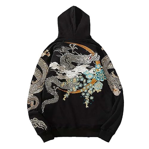 MQMYJSP Hoodies Yokosuka Bestien Schwarzer Drache Weißer Tiger Phoenix Suzaku Snake Turtle Muster bestickter Pullover Dragon L von MQMYJSP