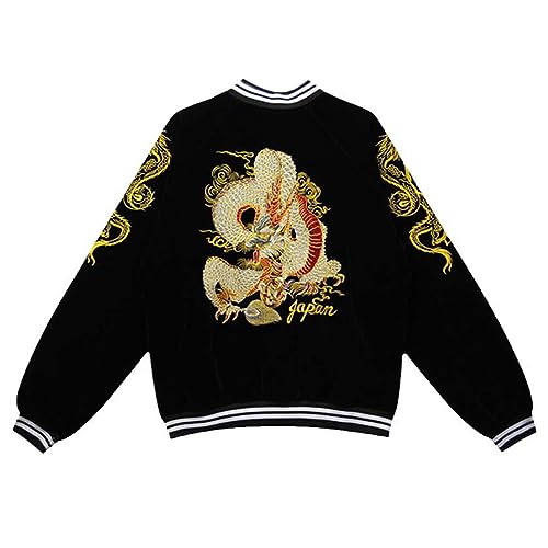 MQMYJSP Unisex Frühjahr Herbst Sukajan Drachen bestickte Baseballjacke Herren Mantel Japanisch Black M von MQMYJSP