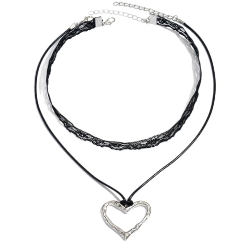 MQNP Halskette mit mehrlagigem Herz-Anhänger, schwarze Spitze mit Herzanhänger, verstellbar, Gothic, Y2K, Schmuckgeschenke, Large, Metall, Kein Edelstein von MQNP
