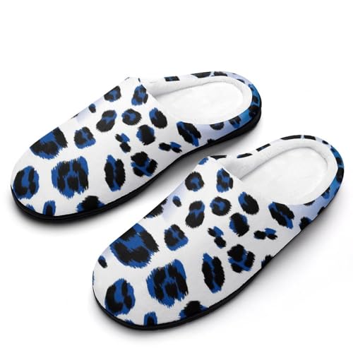 MQPYWLH Blauer Leopard Hausschuhe Damen Warme Kunstwolle Memory Foam Slippers Rutschfeste Pantoffeln von MQPYWLH