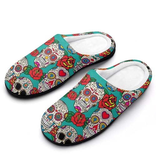 MQPYWLH Blumenschädel Hausschuhe Damen Warme Kunstwolle Memory Foam Slippers Rutschfeste Pantoffeln von MQPYWLH