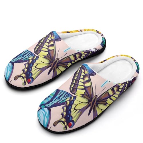 MQPYWLH Bunter Schmetterling Hausschuhe Damen Warme Kunstwolle Memory Foam Slippers Rutschfeste Pantoffeln von MQPYWLH
