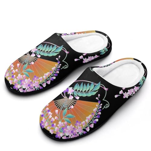 MQPYWLH Fächer Und Blumen Hausschuhe Damen Warme Kunstwolle Memory Foam Slippers Rutschfeste Pantoffeln von MQPYWLH