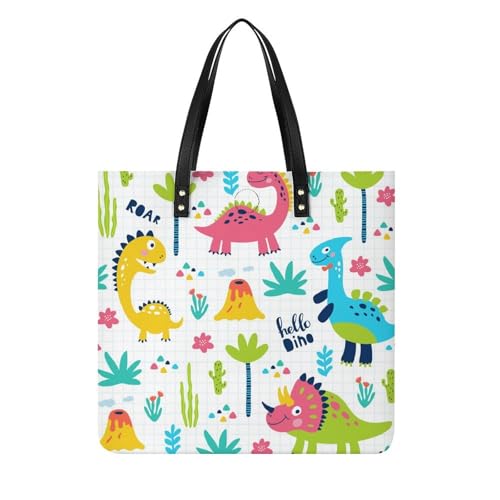 MQPYWLH Farbige Dinosaurier Damen Shopper Handtasche Umhängetasche Schultertasche Für Büro Schule Einkauf 39x39cm von MQPYWLH