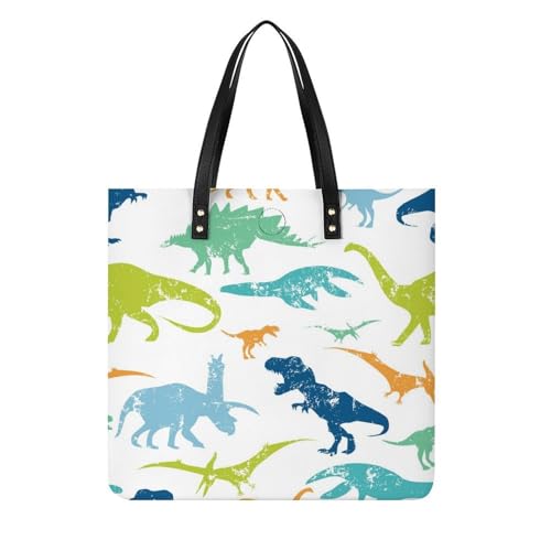 MQPYWLH Farbiger Dinosaurier Damen Shopper Handtasche Umhängetasche Schultertasche Für Büro Schule Einkauf 39x39cm von MQPYWLH