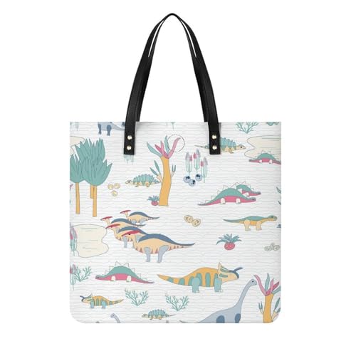 MQPYWLH Farbiger Dinosaurier Damen Shopper Handtasche Umhängetasche Schultertasche Für Büro Schule Einkauf 39x39cm von MQPYWLH