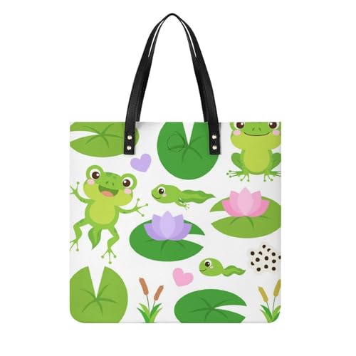 MQPYWLH Frosch Grüne Blätter Damen Shopper Handtasche Umhängetasche Schultertasche Für Büro Schule Einkauf 39x39cm von MQPYWLH