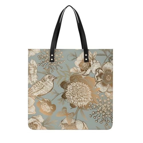 MQPYWLH Goldene Blumen Vögel Damen Shopper Handtasche Umhängetasche Schultertasche Für Büro Schule Einkauf 39x39cm von MQPYWLH