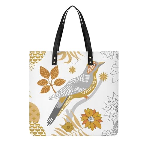 MQPYWLH Goldene Vogelblumen Damen Shopper Handtasche Umhängetasche Schultertasche Für Büro Schule Einkauf 39x39cm von MQPYWLH