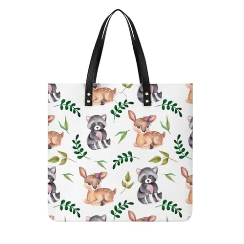 MQPYWLH Hirsch Waschbär Damen Shopper Handtasche Umhängetasche Schultertasche Für Büro Schule Einkauf 39x39cm von MQPYWLH