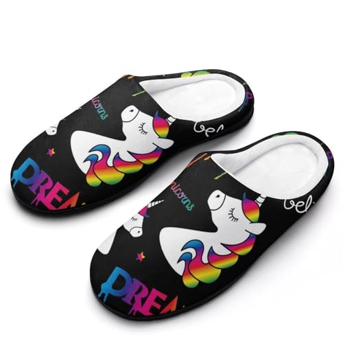 MQPYWLH Regenbogen-Einhorn Hausschuhe Damen Warme Kunstwolle Memory Foam Slippers Rutschfeste Pantoffeln von MQPYWLH